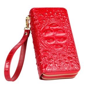 croc leather wallet double zip clutch purses for women